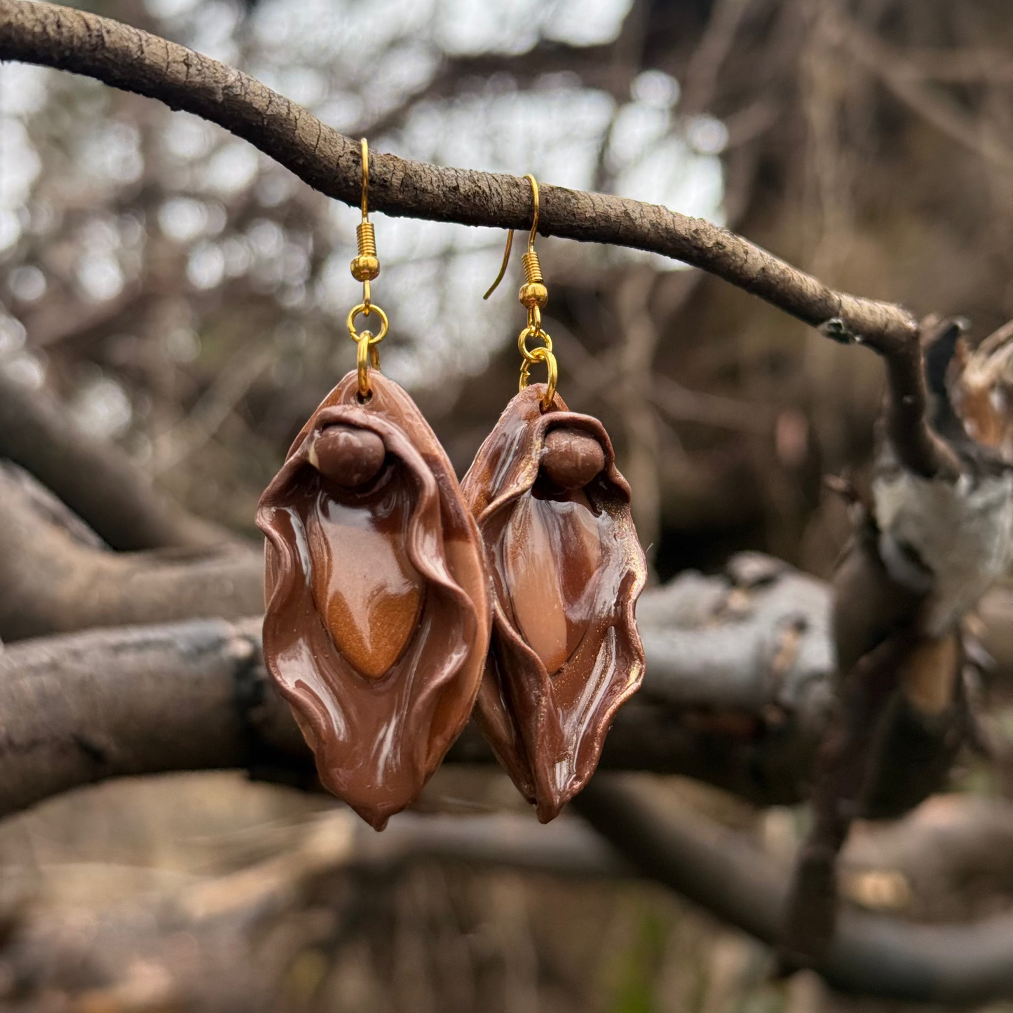 Brown and light brown marbled dangle vulva earrings with gold hardware, hanging from a thin tree branch. Made of polymer clay.